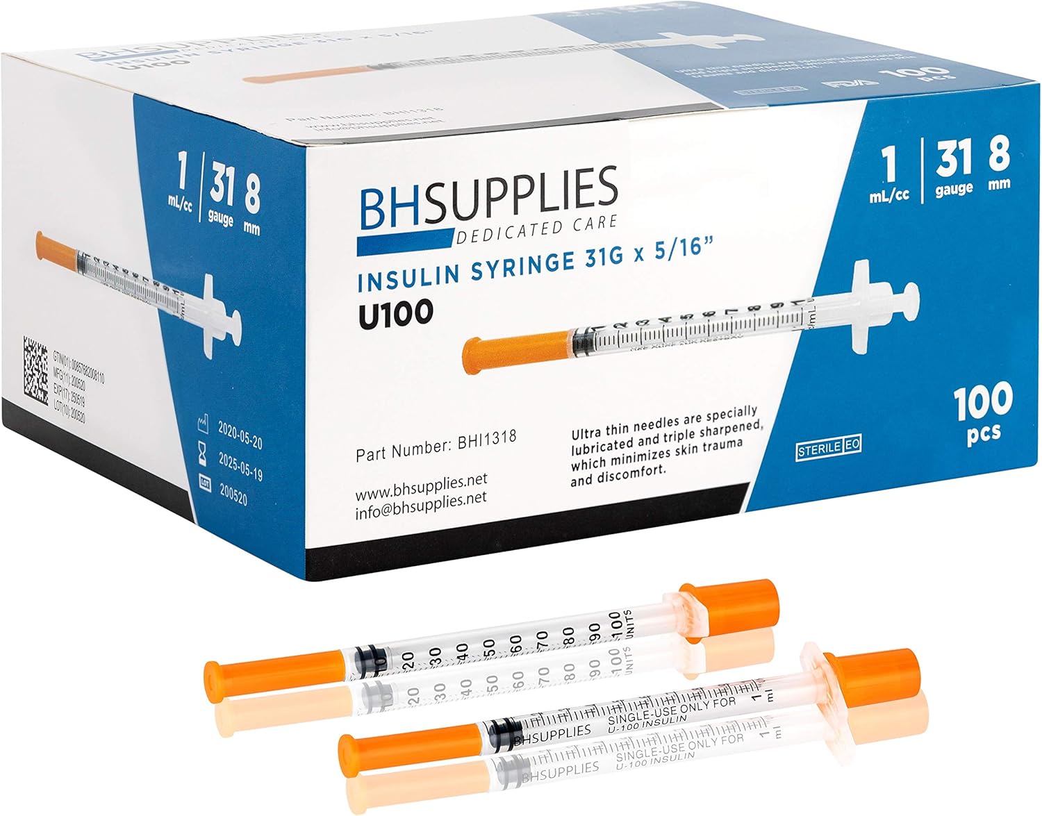 BH Supplies Insulin Syringes U-100 31G 1ml/cc 5/16" (8mm) Pack of 100 Pcs-0