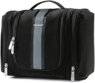 BAGSMART Toiletry Bag for Men, Travel Toiletry Organizer with hanging hook, Water-resistant Cosmetic Makeup Bag Travel Organizer for Shampoo, Full-size Container, Toiletries, Black-Medium