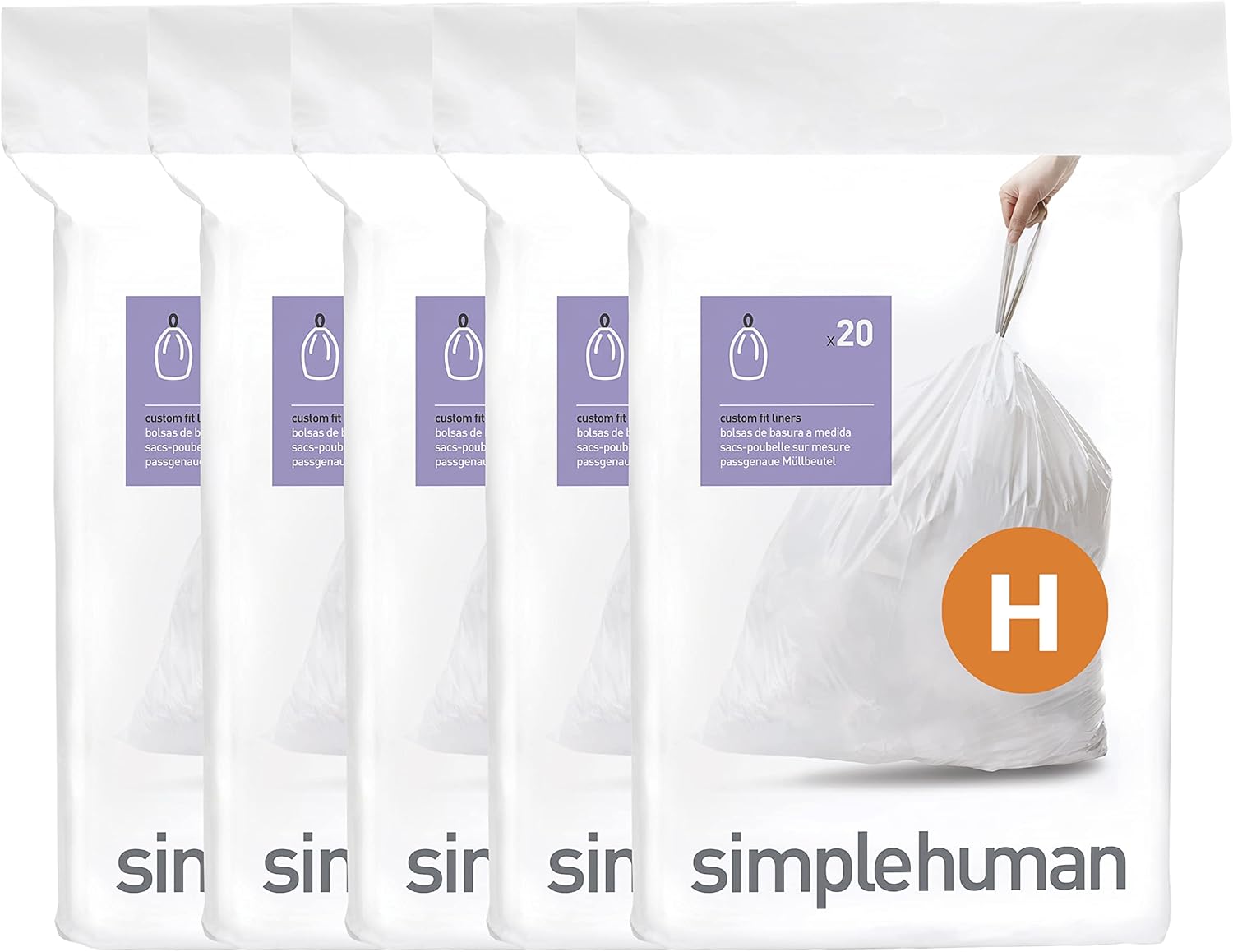 simplehuman Code H 100 Count,Genuine Custom Fit Liners, Drawstring Trash Bags in Dispenser Packs, 30-35 Liter / 8-9 Gallon, White-0