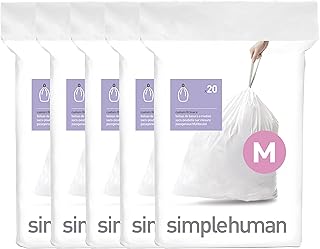 simplehuman Code M 100 Count, Genuine Custom Fit Liners, Drawstring Trash Bags in Dispenser Packs, 45 Liter / 11.9 Gallon, White