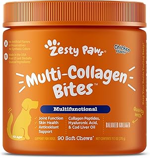 Zesty Paws Multi Collagen Soft Chews for Dogs - for Hip, Joint & Cartilage Support + Skin Health - with Collagen - Plus Eggshell Membrane, Vitamin C & Hyaluronic Acid - 90 Count