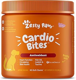 Zesty Paws Cardiovascular Support for Dogs - Taurine for Dogs, CoQ10 for Dogs, L Carnitine & Sea Buckthorn for Senior Dog Heart Health - AlaskOmega Fish Oil Omega 3 - Salmon - 90 Count