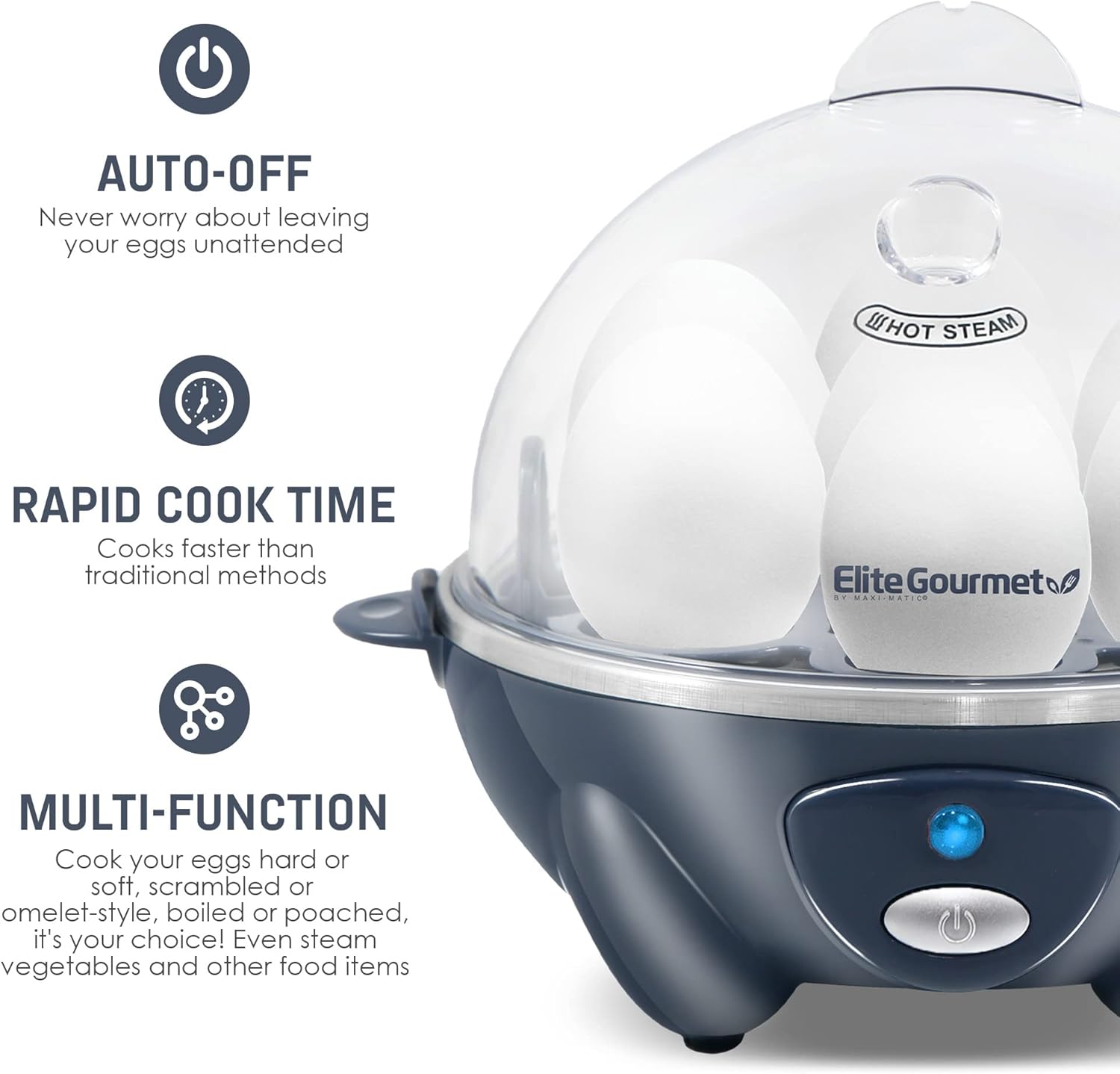 Elite Gourmet Easy Electric 7 Egg Capacity Soft, Medium, Hard-Boiled Cooker Poacher, Scrambled, Omelet Maker with Auto Shut-Off and Buzzer, BPA Free-2