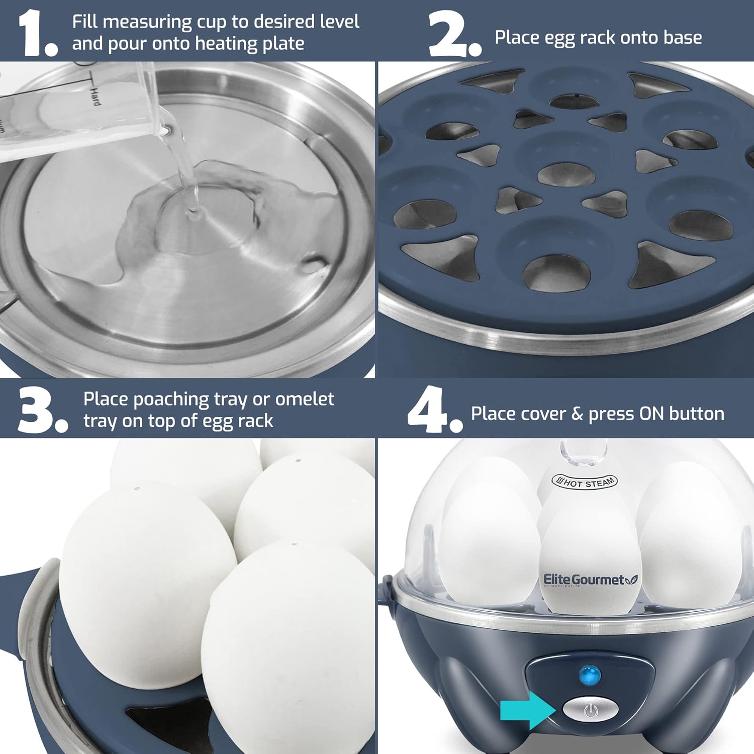 Elite Gourmet Easy Electric 7 Egg Capacity Soft, Medium, Hard-Boiled Cooker Poacher, Scrambled, Omelet Maker with Auto Shut-Off and Buzzer, BPA Free-5