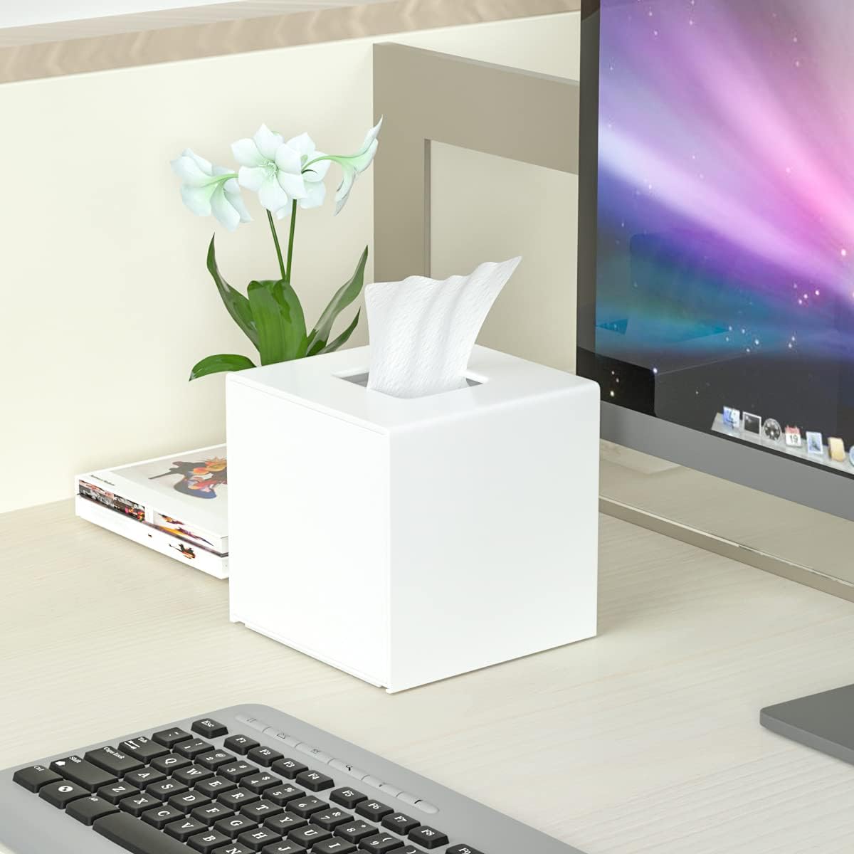 HIIMIEI Acrylic Tissue Box Cover 5.4x5.4x5.4'' Tissue Holder Napkin Dispenser for Home Office Restaurant-White-1