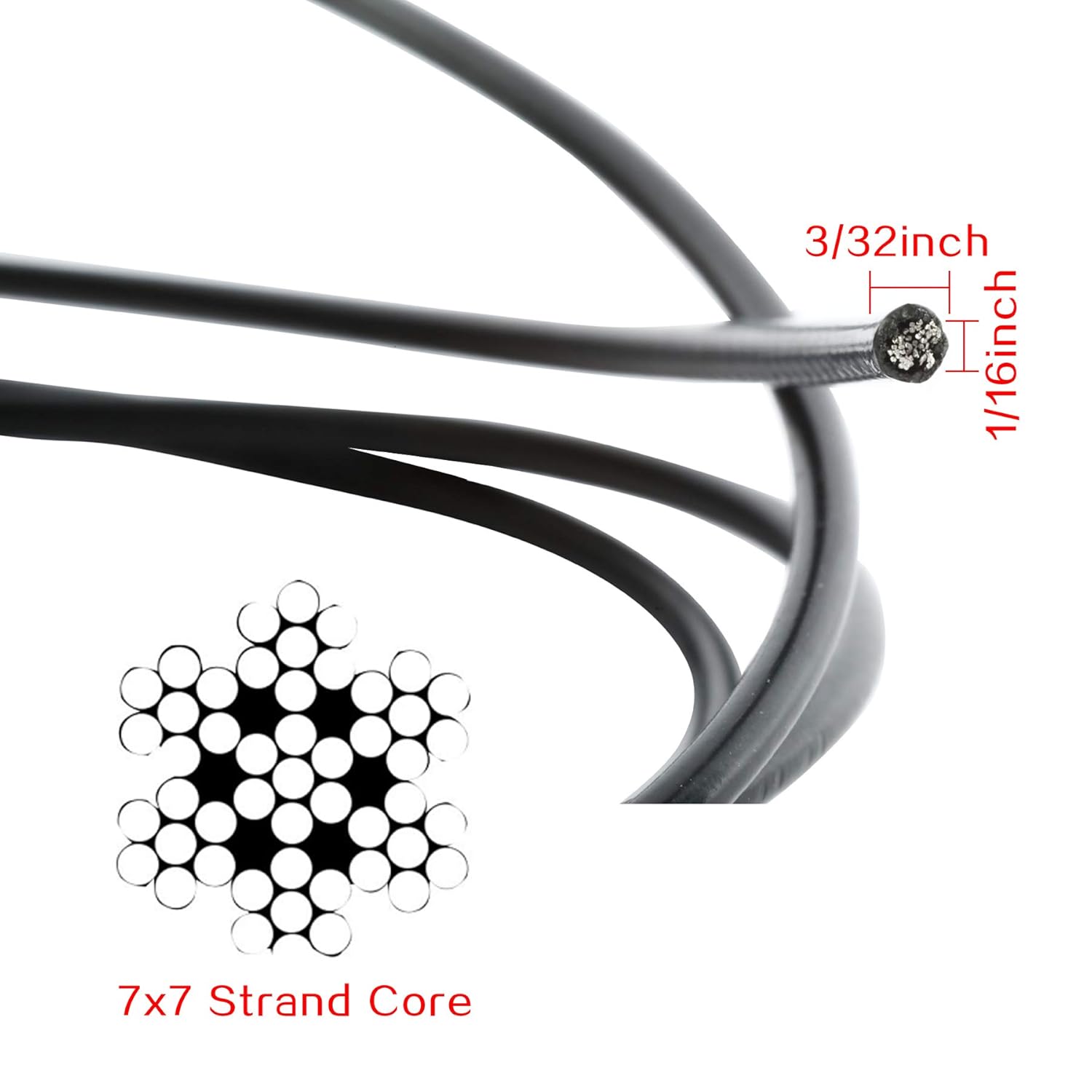 164 FT Vinyl Coated Wire Rope Black Wire Rope Cable, 304 Stainless Steel, 7x7 Strand Core, 1/16" Wire Rope, 3/32" Coated OD, 326 lbs Breaking Strength (164FT)-1