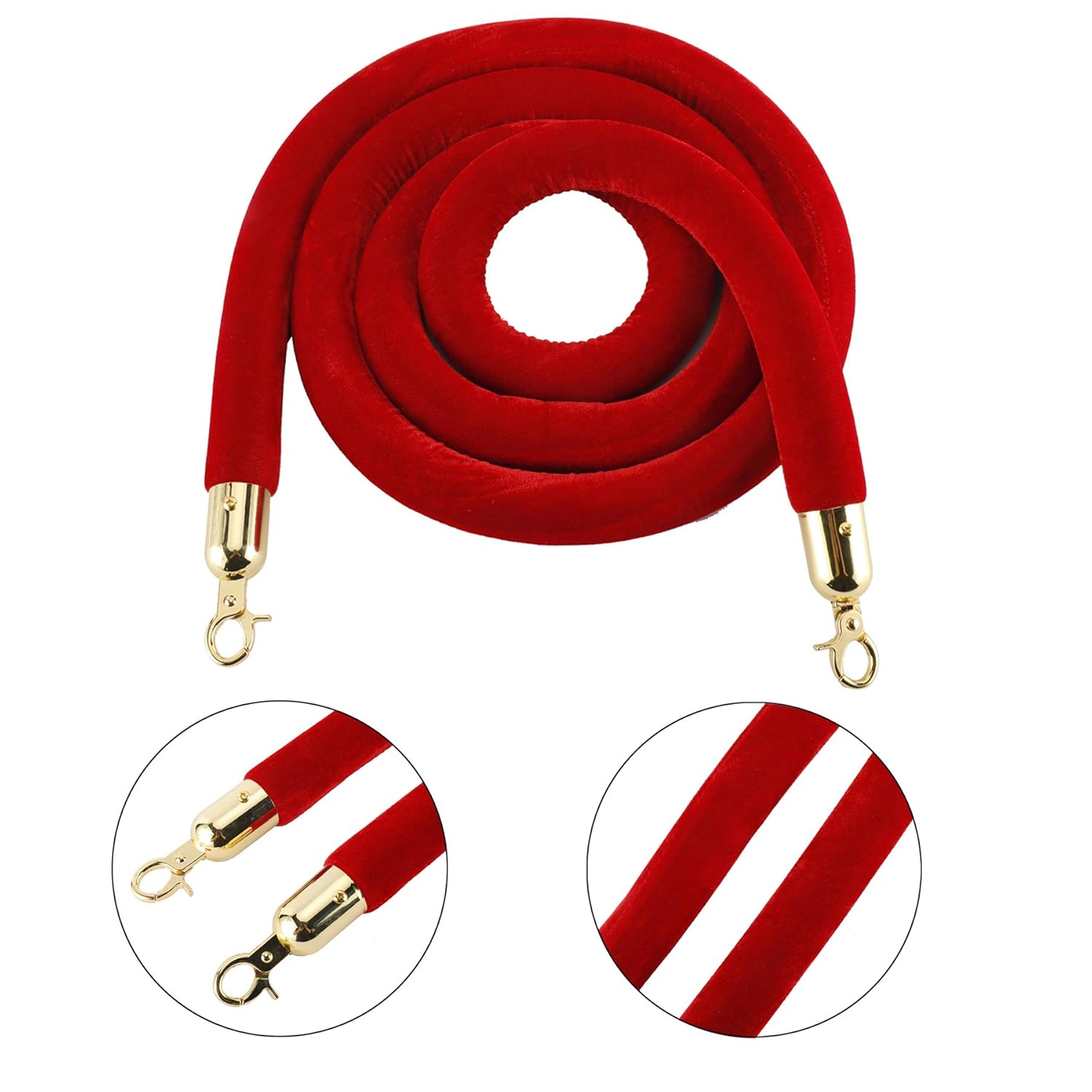 8 Feet Velvet Stanchion Rope, Stanchion Queue Barrier Rope Velvet Rope, Crowd Control Rope Barrier, with Mirror Polished Hooks (Red)-0