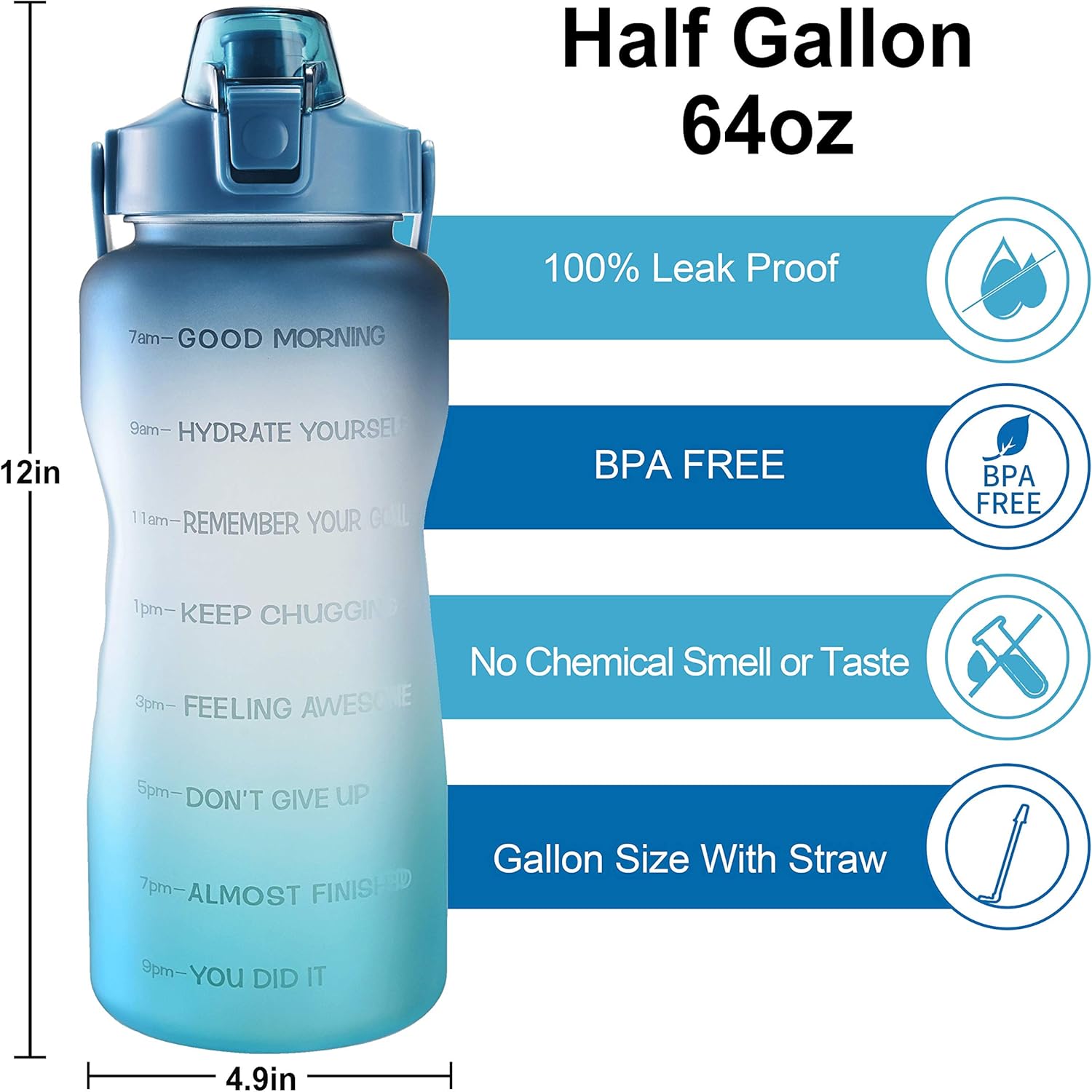 EYQ 64oz Leakproof Free Drinking Water Bottle with Motivational Time Marker BPA Free for Fitness, Gym and Outdoor Sports-1