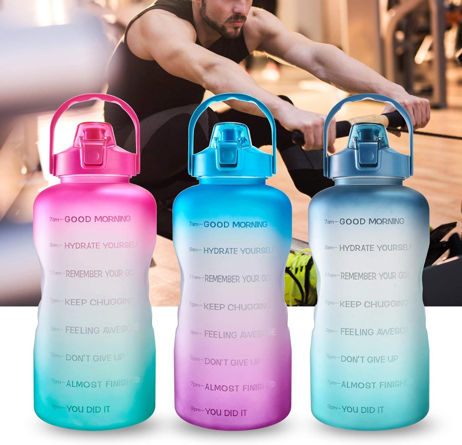 EYQ 128oz Leakproof Free Drinking Water Bottle with Motivational Time Marker, BPA Free for Fitness, Gym and Outdoor Sports (Green/Purple Gradient)-1