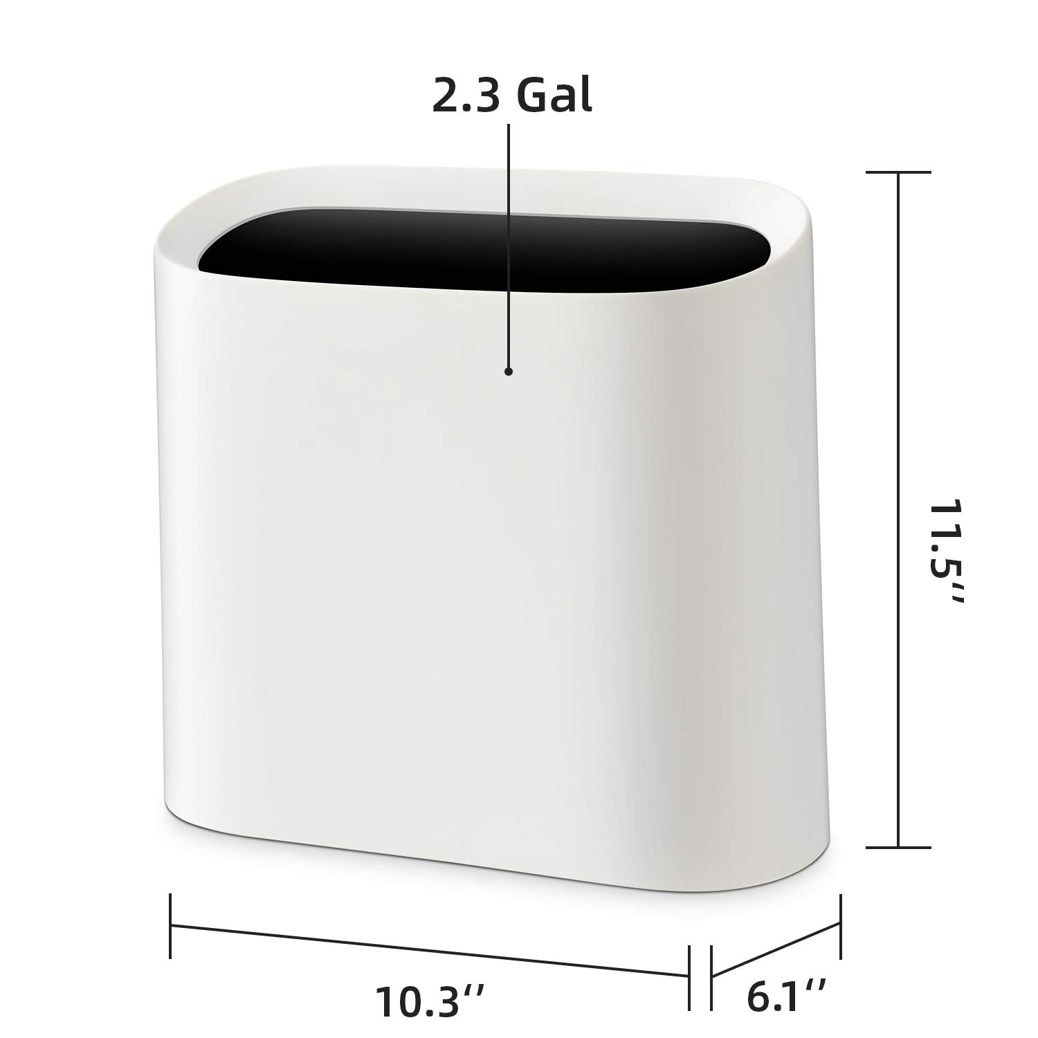 SUBEKYU 2.3 Gal Trash Can for Bathroom, Small Office Garbage Can for Kitchen, Slim Rectangular Waste Bin, Plastic, White-2