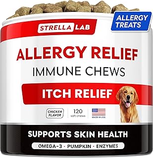 StrellaLab Dog Allergy Relief & Anti Itch Support Chews w/Omega 3: Real Ingredients, Real Taste! Skin & Coat Immune Supplement w/Fish Oil, Pumpkin & Enzymes — Developed by Experts - Made in USA -120Ct