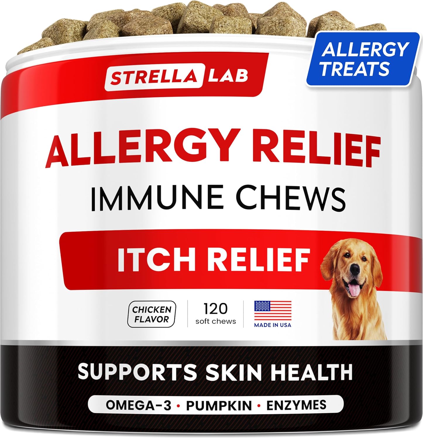 StrellaLab Dog Allergy Relief & Anti Itch Support Chews w/Omega 3: Real Ingredients, Real Taste! Skin & Coat Immune Supplement w/Fish Oil, Pumpkin & Enzymes — Developed by Experts - Made in USA -120Ct-0