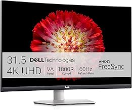 Dell S3221QS 32 Inch Curved 4K UHD (3840 x 2160), VA Ultra-Thin Bezel Monitor, 60Hz, 4MS Response Time, 90% DCI-P3, 99% sRGB, AMD FreeSync, HDMI, DisplayPort, Built in Speakers, VESA Certified, Silver