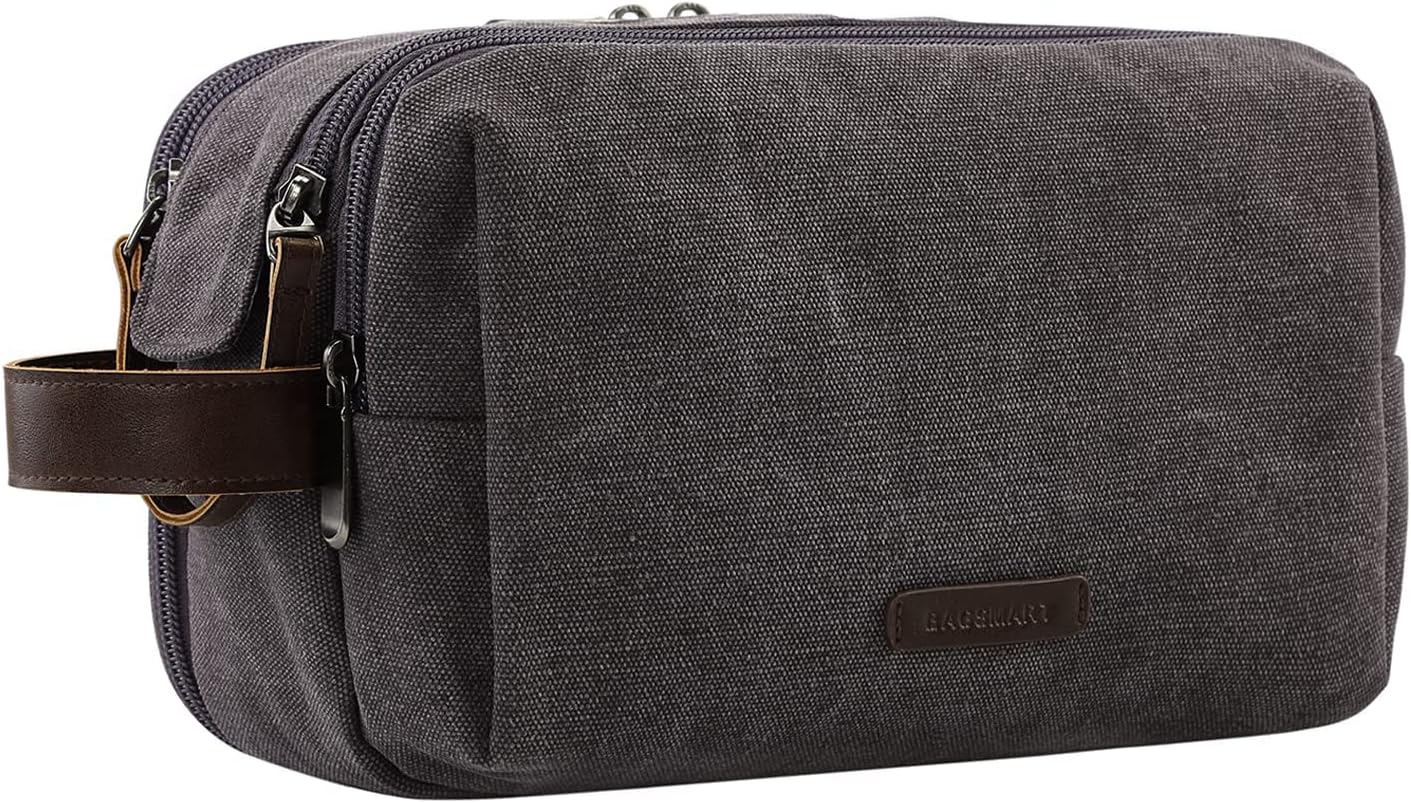 BAGSMART Toiletry Bag for Men, Canvas Travel Toiletry Organizer Dopp Kit Water-resistant Shaving Bag for Toiletries Accessories,Grey-Medium-0