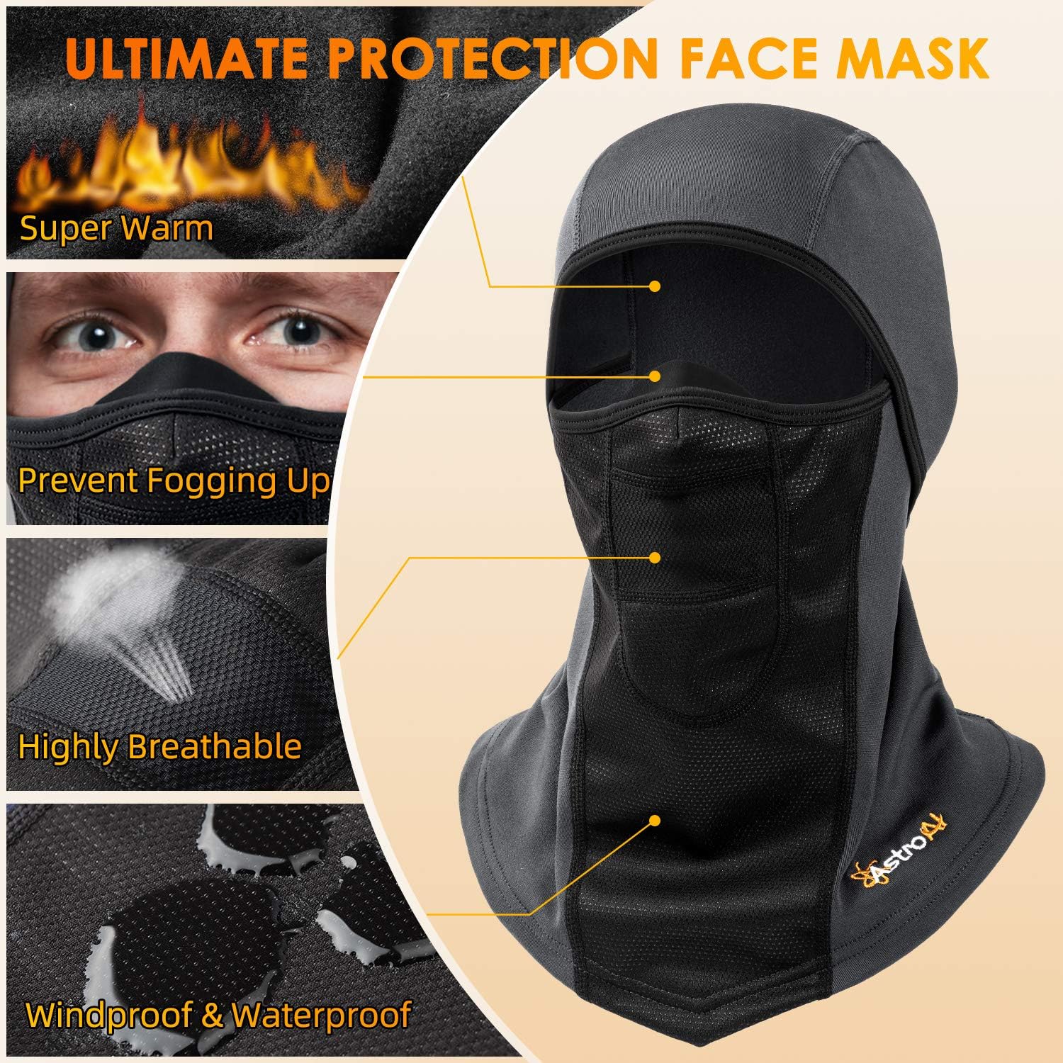 AstroAI Ski Mask Windproof Balaclava for Cold Weather, Winter Face Mask Breathable Stretchable for Skiing, Snowboarding, Gray-2