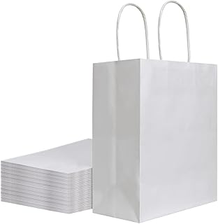 bagmad 50 Pack 8x4.75x10 inch Medium White Kraft Paper Bags with Handles Bulk, Gift Bags, Craft Grocery Shopping Retail Birthday Party Favors Wedding Sacks Restaurant Takeout, Business (50Pcs)