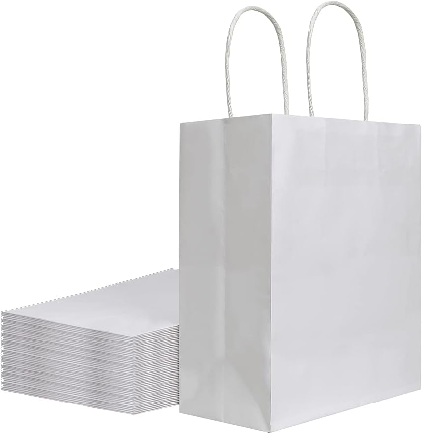 bagmad 50 Pack 8x4.75x10 inch Medium White Kraft Paper Bags with Handles Bulk, Gift Bags, Craft Grocery Shopping Retail Birthday Party Favors Wedding Sacks Restaurant Takeout, Business (50Pcs)-0