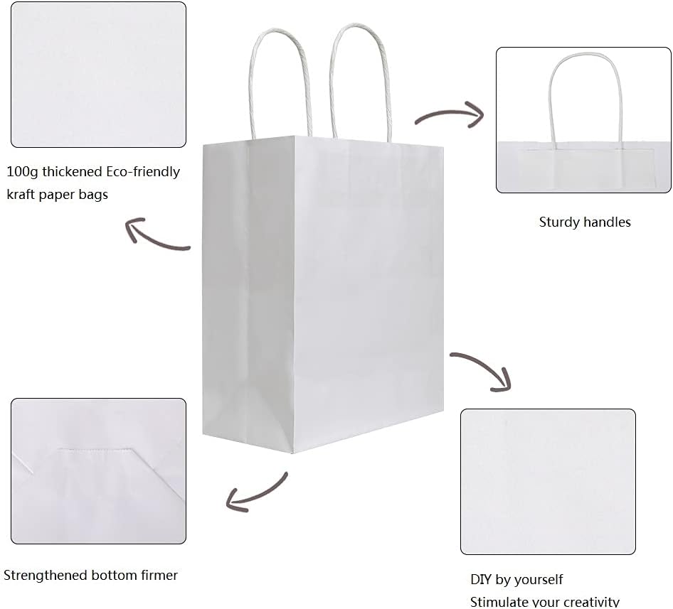 bagmad 50 Pack 8x4.75x10 inch Medium White Kraft Paper Bags with Handles Bulk, Gift Bags, Craft Grocery Shopping Retail Birthday Party Favors Wedding Sacks Restaurant Takeout, Business (50Pcs)-3