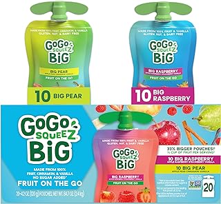 GoGo squeeZ BIG Variety Pack, BIG Pear & BIG Raspberry, 4.2 oz. (Pack of 20), Unsweetened Fruit Snacks for Kids, Gluten Free, Nut Free and Dairy Free, Recloseable Cap, BPA Free Pouches