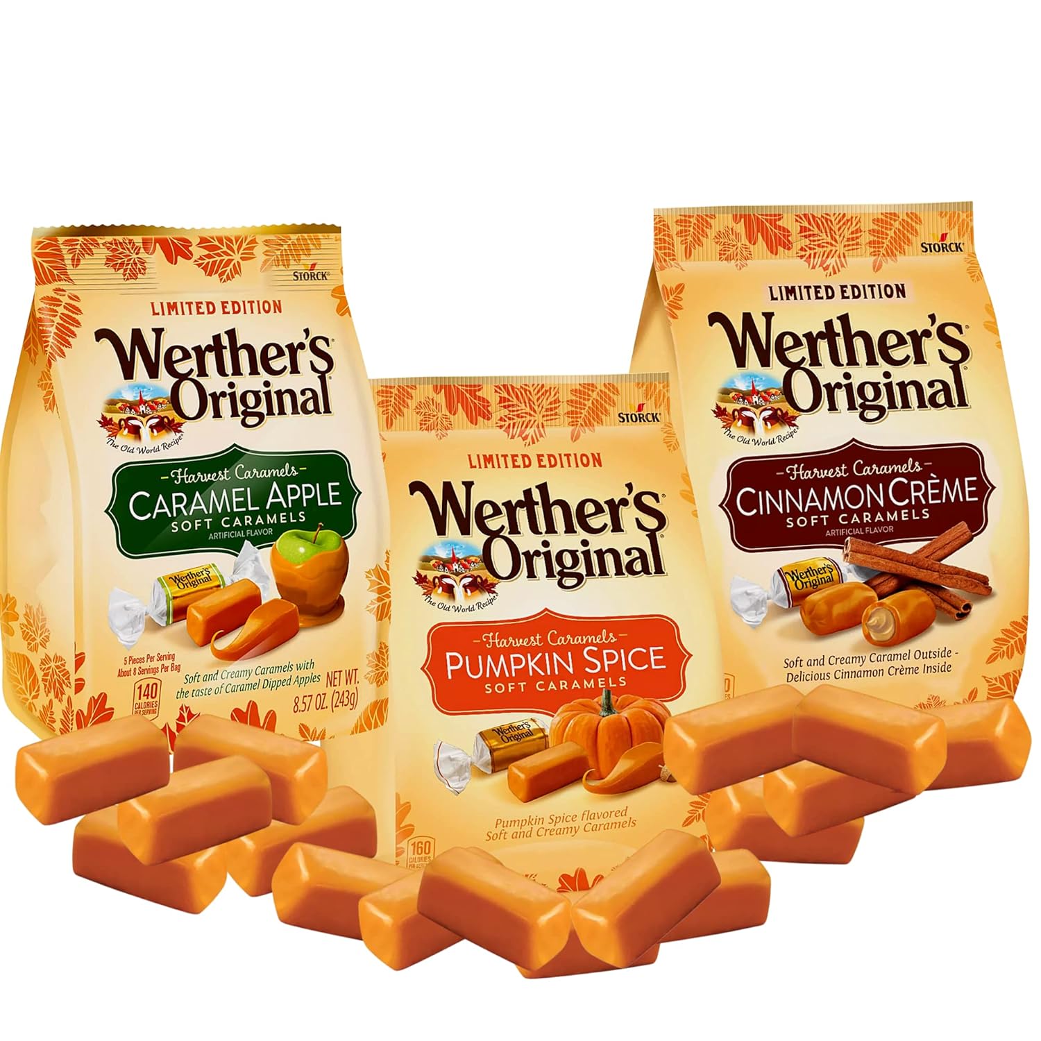 Werther's Original Limited Edition Harvest Soft Caramels - Pumpkin Spice, Caramel Apple, & Cinnamon Creme (8.57 Oz) ( 3 Pack)-0