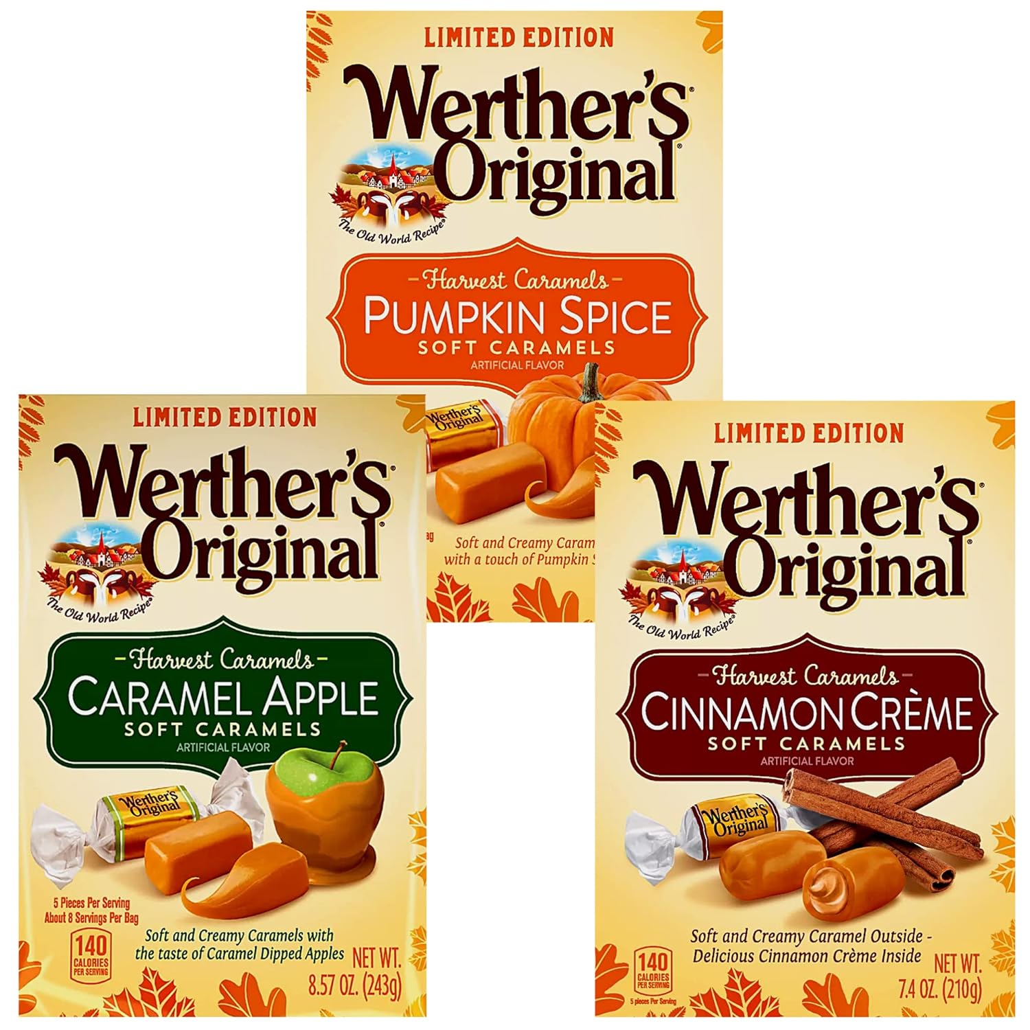 Werther's Original Limited Edition Harvest Soft Caramels - Pumpkin Spice, Caramel Apple, & Cinnamon Creme (8.57 Oz) ( 3 Pack)-1