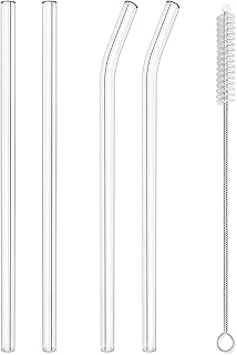 HIWARE Reusable Glass Straws Set, 4-piece Drinking Straws with Cleaning Brush, 10" x 10 mm, Dishwasher Safe