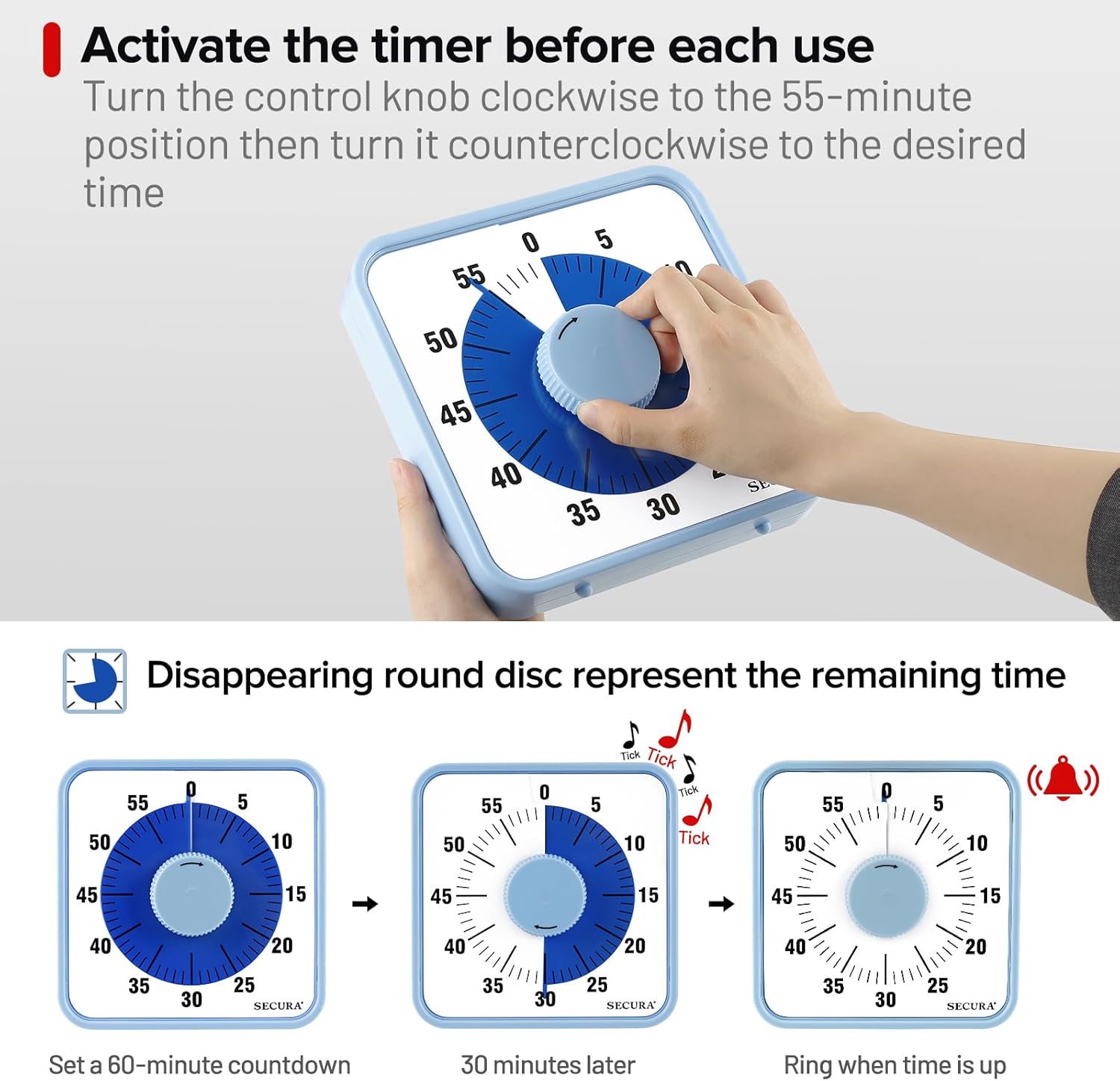 Secura 7.5 Inch Visual Timer, 60 Minute Visual Oversize Countdown Timer for Kids and Adults, Durable Mechanical Time Management Tool (Blue)-2