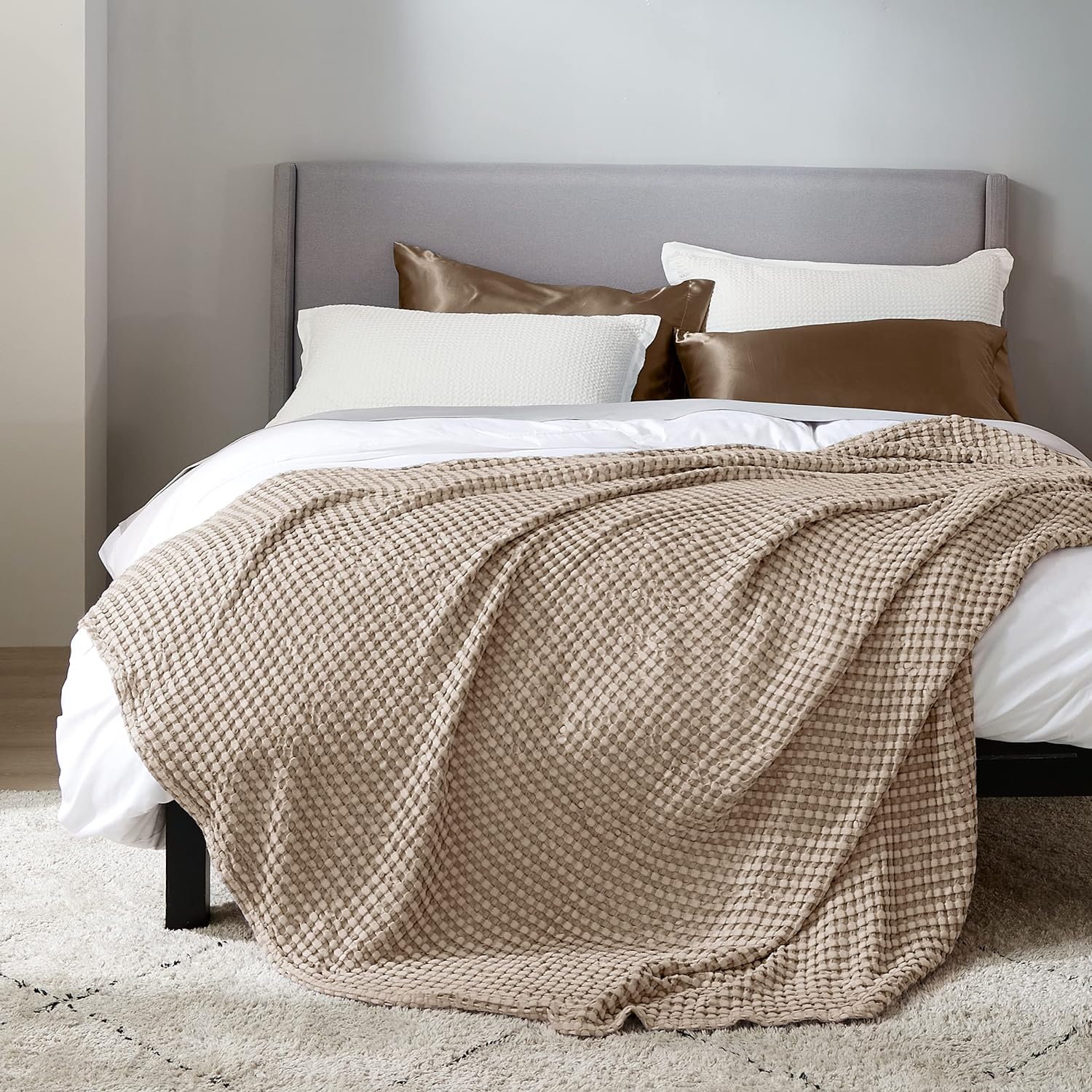 Bedsure Cooling Cotton Waffle Queen Size Blanket -Lightweight Breathable Summer Blanket of Rayon Derived from Bamboo for Hot Sleepers, Luxury Throws for Bed, Couch and Sofa, Taupe, 90x90 Inches-1