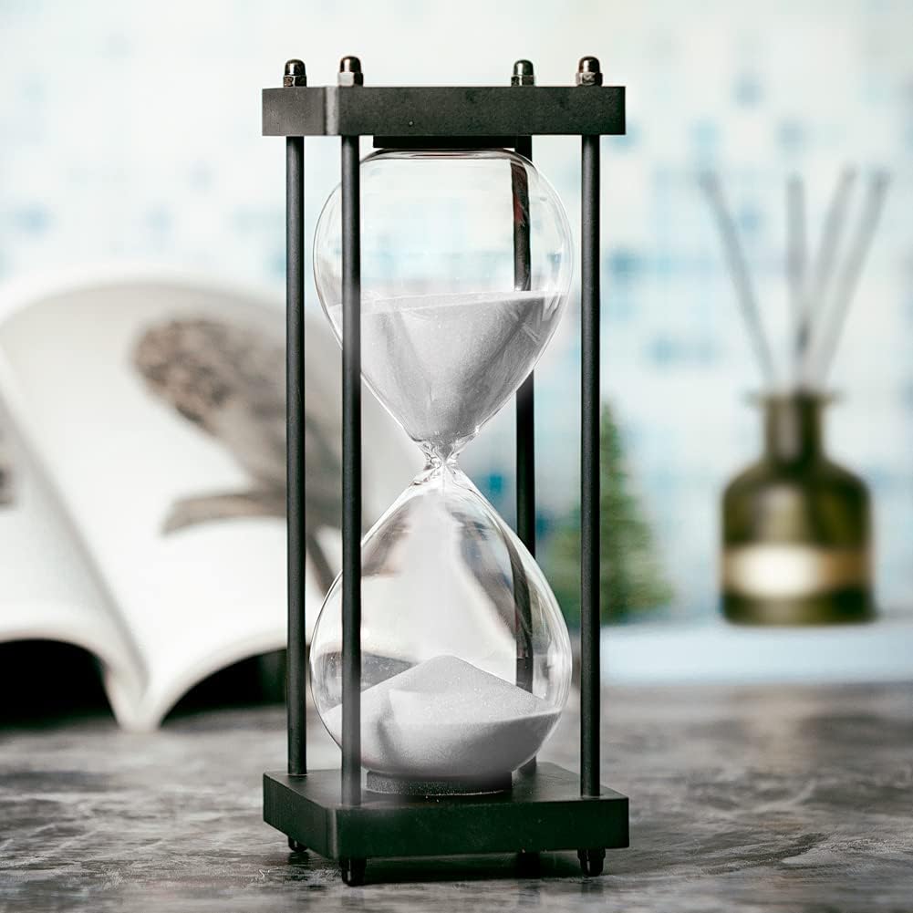 Hourglass Timer 60 Minute, Black Wooden Frame Decorative Sand Timer (White Sand, Large Size)-0