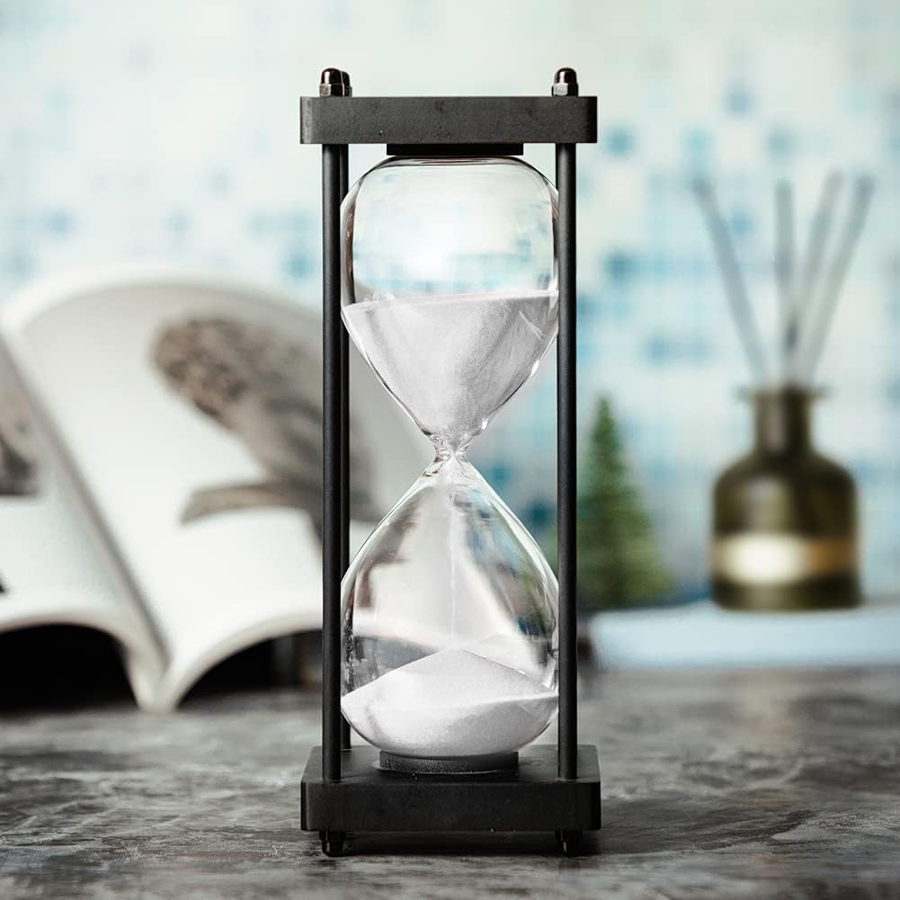 Hourglass Timer 60 Minute, Black Wooden Frame Decorative Sand Timer (White Sand, Large Size)-1