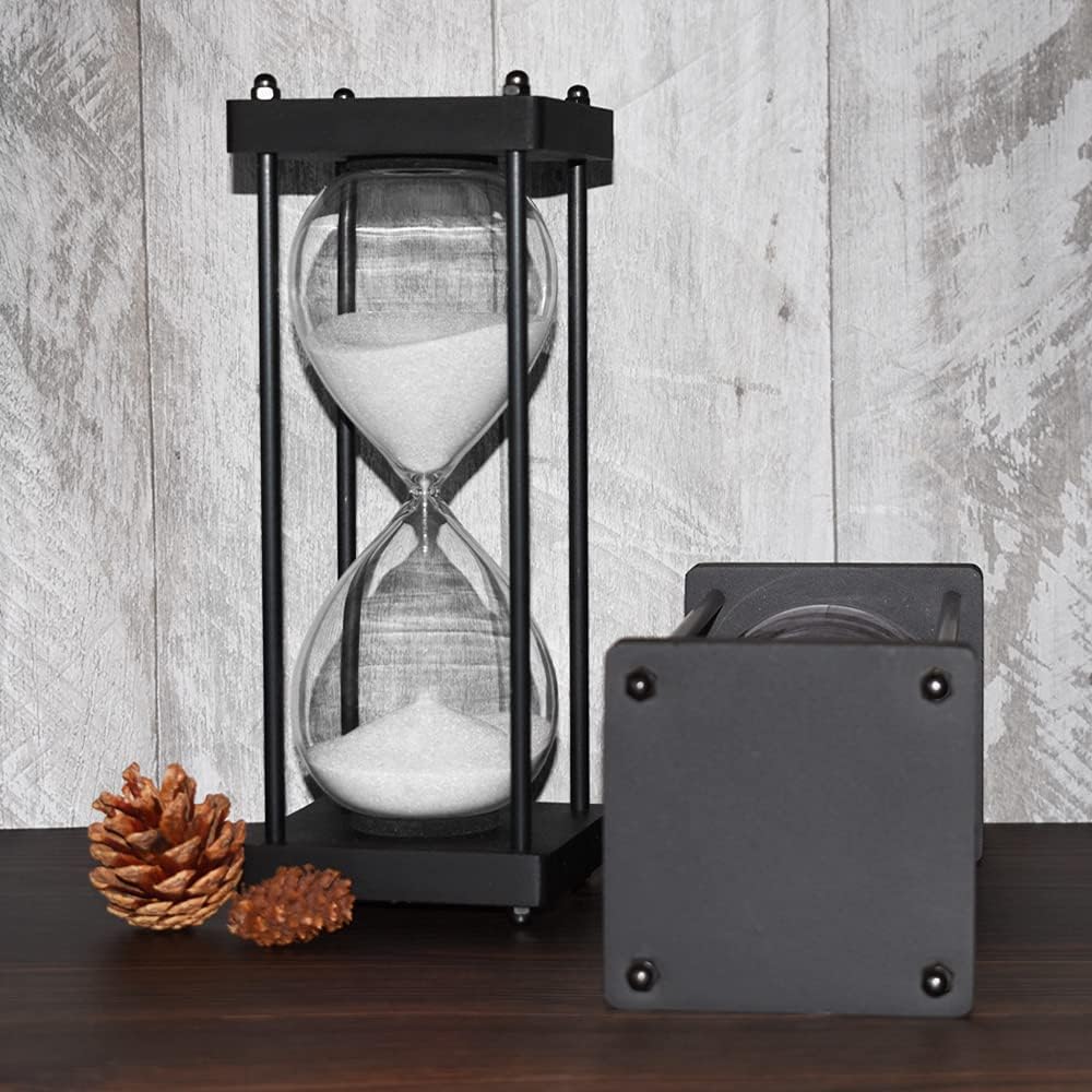 Hourglass Timer 60 Minute, Black Wooden Frame Decorative Sand Timer (White Sand, Large Size)-3