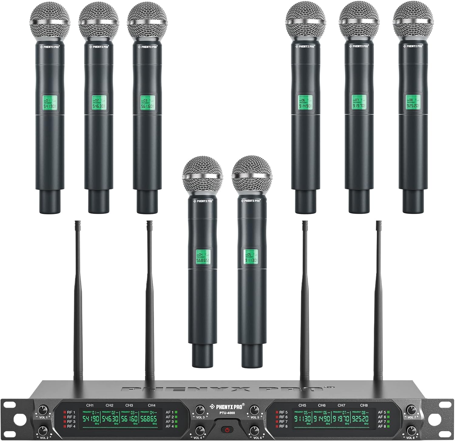 Phenyx Pro Wireless Microphone System, 8-Channel UHF Cordless Mic with Metal Handheld Wireless Mics, Fixed Frequency Dynamic Microphone for Karaoke,Church,Singing,DJ,260ft Range (PTU-4000-8H)-0