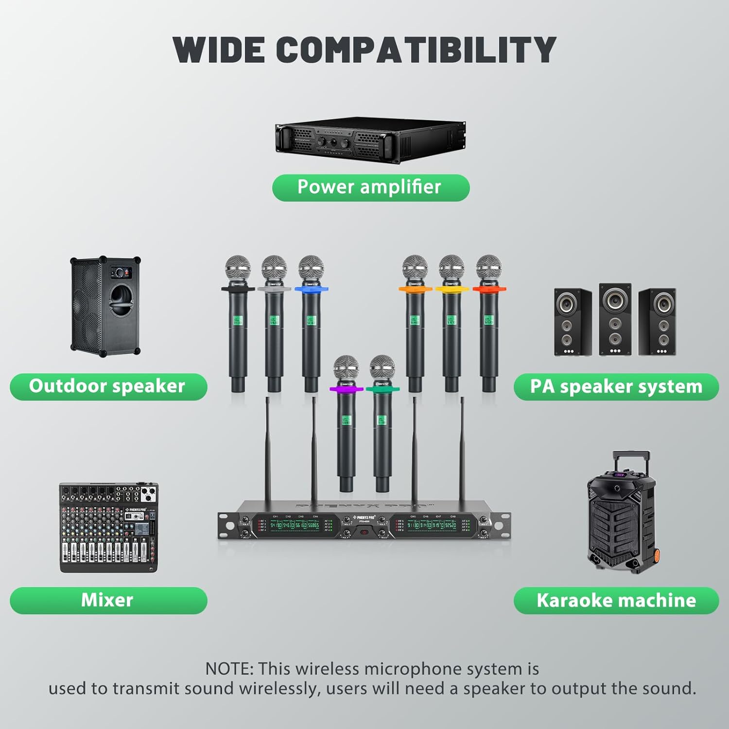 Phenyx Pro Wireless Microphone System, 8-Channel UHF Cordless Mic with Metal Handheld Wireless Mics, Fixed Frequency Dynamic Microphone for Karaoke,Church,Singing,DJ,260ft Range (PTU-4000-8H)-5