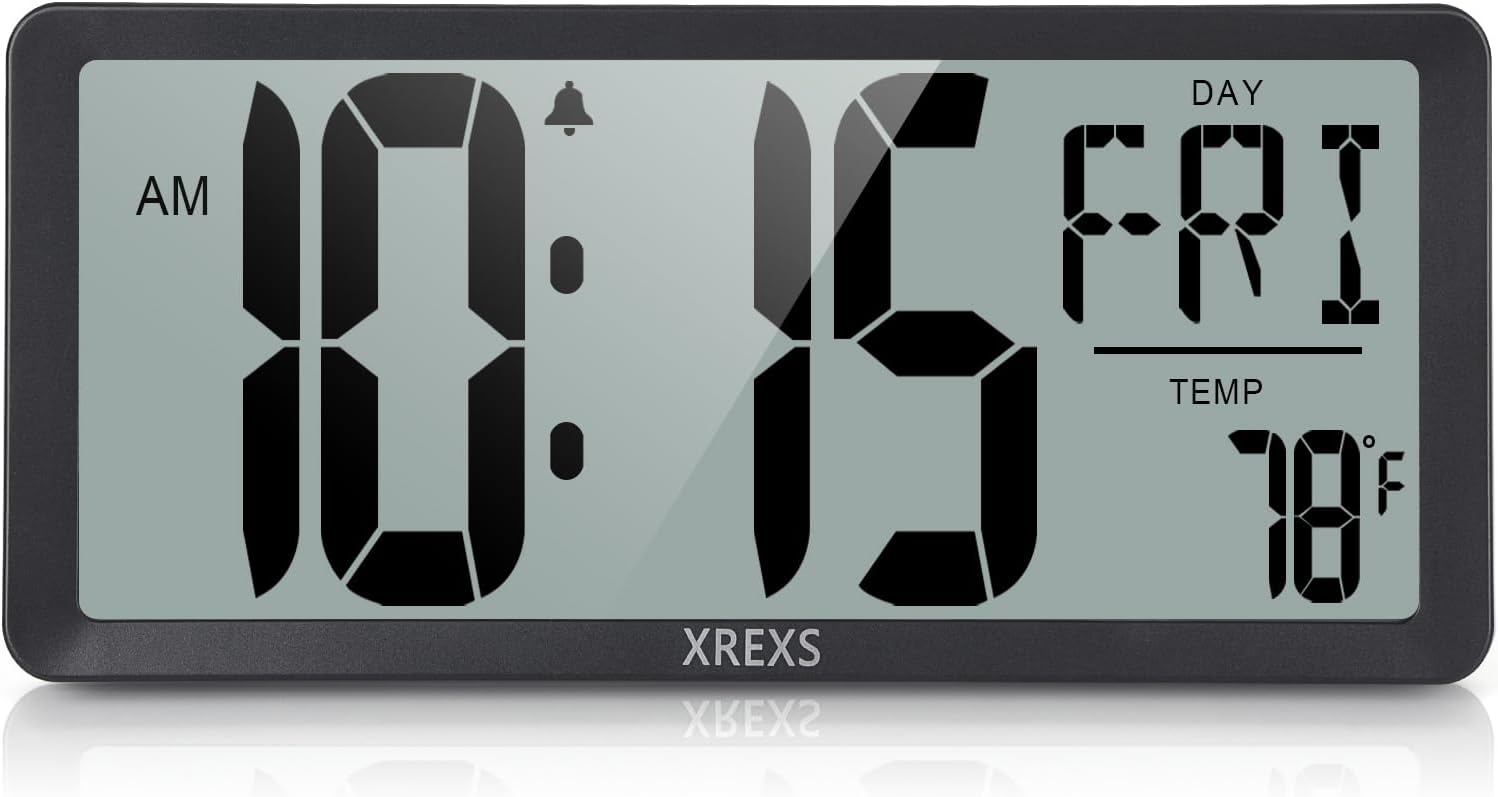 XREXS Large Digital Wall Clock, Battery Operated Alarm Clocks for Bedroom Home Decor, Count Up & Down Timer, 14.17 Inch Large LCD Screen with Time/Calendar/Temperature Display (Batteries Included)-0