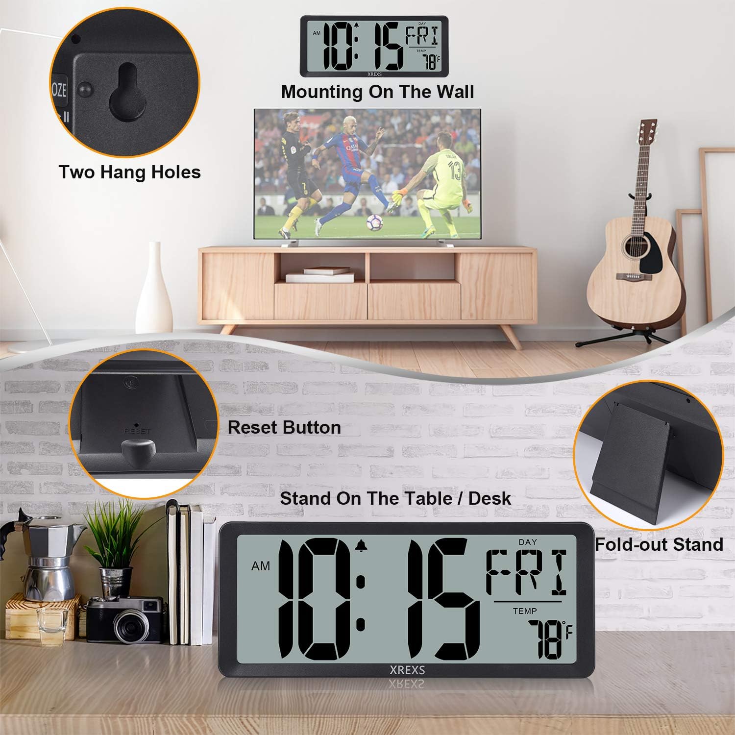 XREXS Large Digital Wall Clock, Battery Operated Alarm Clocks for Bedroom Home Decor, Count Up & Down Timer, 14.17 Inch Large LCD Screen with Time/Calendar/Temperature Display (Batteries Included)-2