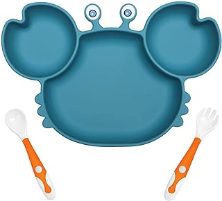 Baby Plates with Suction Divided, Baby Spoon Fork Set for Toddlers, Silicone Plates for Kids with Suction Baby Dishes Kids Plates and Utensils-crab blue