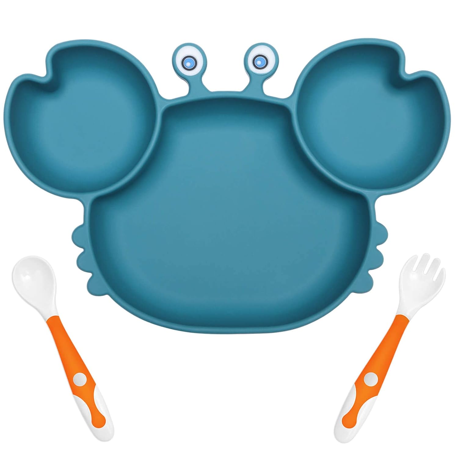 Baby Plates with Suction Divided, Baby Spoon Fork Set for Toddlers, Silicone Plates for Kids with Suction Baby Dishes Kids Plates and Utensils-crab blue-0