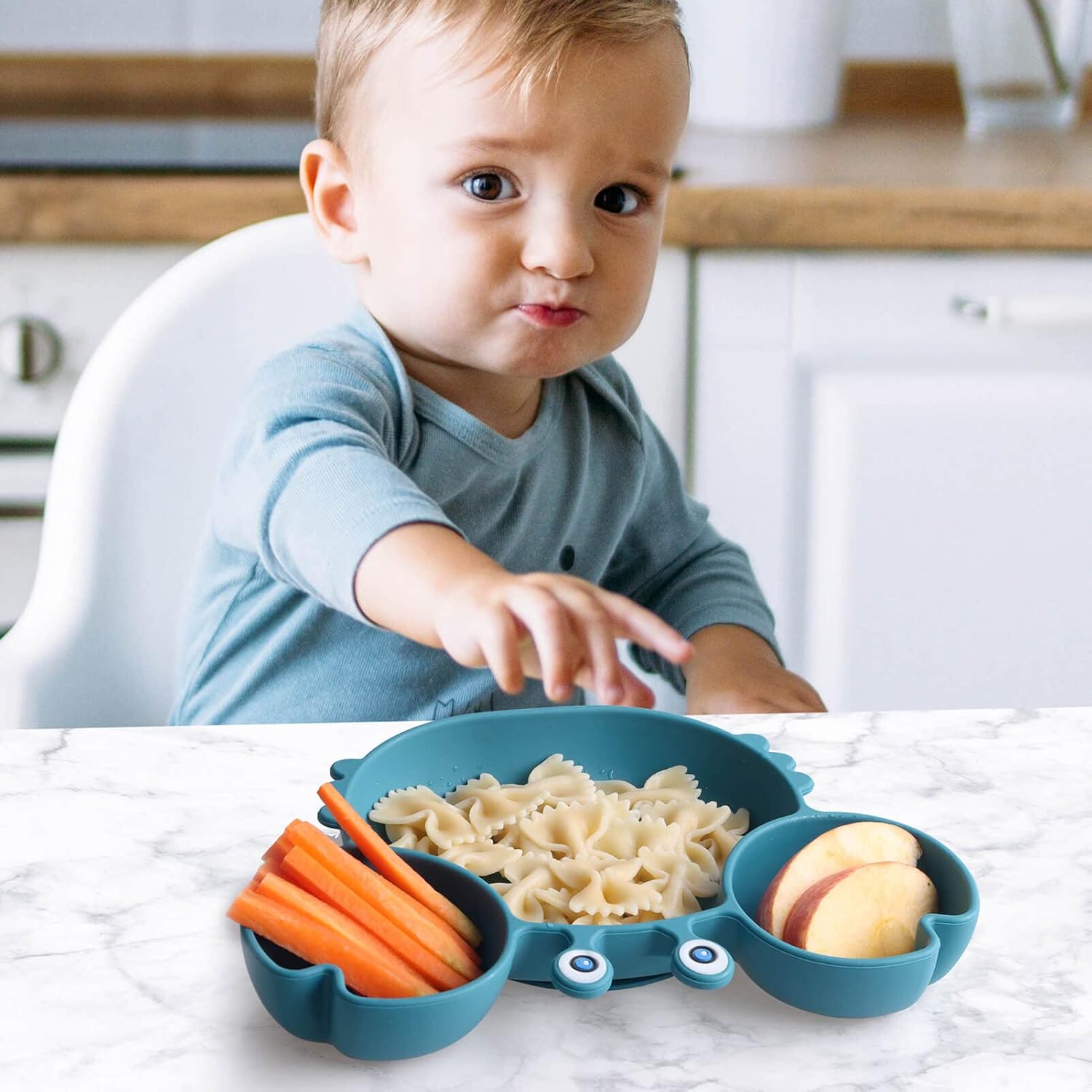 Baby Plates with Suction Divided, Baby Spoon Fork Set for Toddlers, Silicone Plates for Kids with Suction Baby Dishes Kids Plates and Utensils-crab blue-6