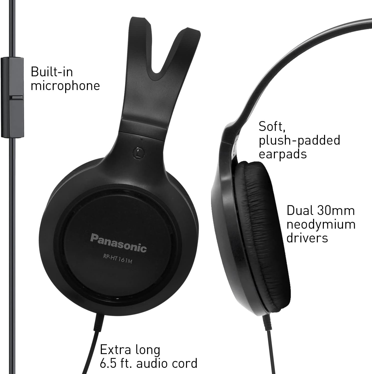 Panasonic Lightweight Over The Ear Wired Headphones with Microphone, Sound and XBS for Extra Bass, Long Cord, 3.5mm Jack for Phones and Laptops – RP-HT161M (Black)-2