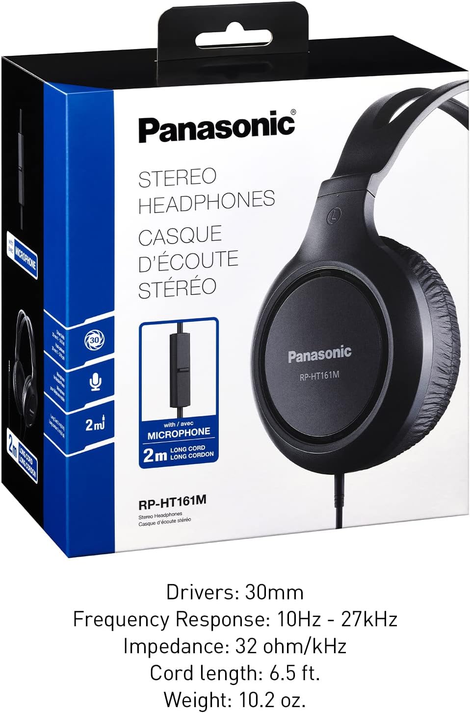 Panasonic Lightweight Over The Ear Wired Headphones with Microphone, Sound and XBS for Extra Bass, Long Cord, 3.5mm Jack for Phones and Laptops – RP-HT161M (Black)-6