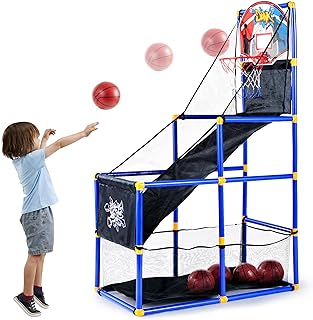 JOYIN Arcade Basketball Game Set with 4 Balls and Hoop for Kids 3 to 12 Years Old Indoor Outdoor Sport Play - Easy Set Up - Air Pump Included - Ideal for Competition