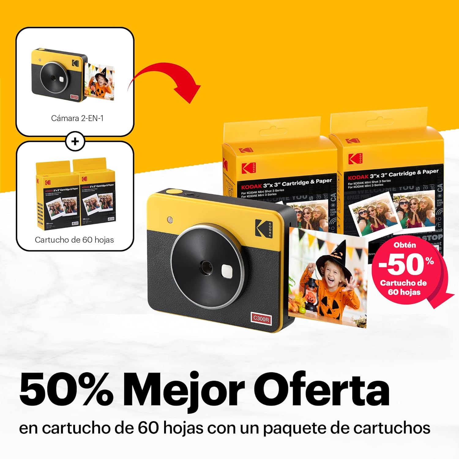 KODAK Mini Shot 3 Retro 4PASS 2-in-1 Instant Digital Camera and Photo Printer (3x3 inches) + 60 Sheets Cartridge Bundle, White-1