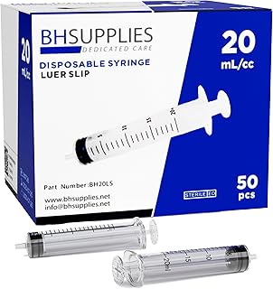 BH Supplies 20ml Luer Slip Tip Syringes (No Needle) - Sterile, Individually Wrapped - 50 Syringes