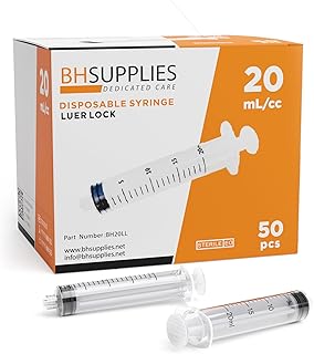 BH Supplies 20ml Luer Lock Tip Syringes (No Needle) - Sterile, Individually Wrapped - 50 Syringes