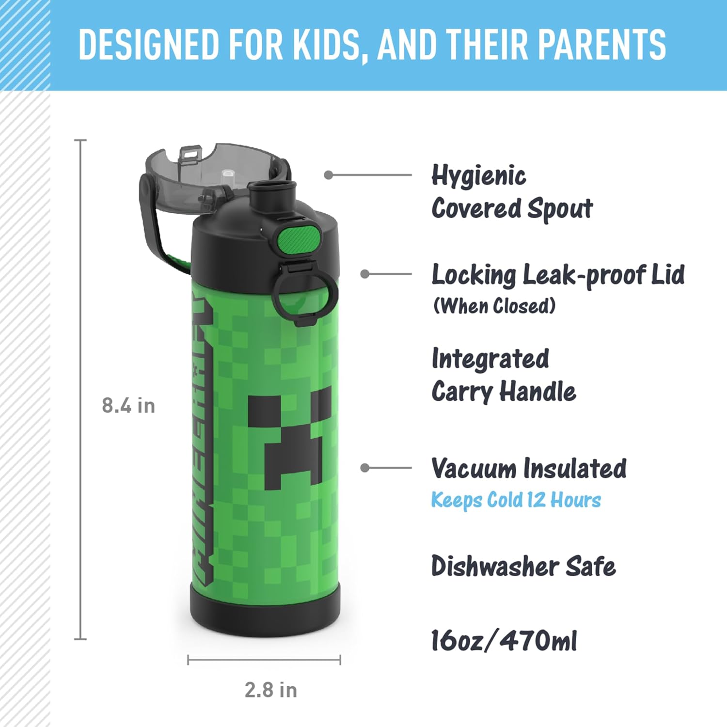 THERMOS FUNTAINER 16 Ounce Stainless Steel Vacuum Insulated Bottle with Wide Spout Lid, MINECRAFT-1