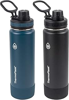 ThermoFlask 24 oz Double Wall Vacuum Insulated Stainless Steel 2-Pack of Water Bottles, Mayan Blue/Black