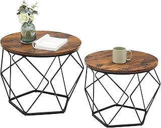 VASAGLE Small Coffee Table Set of 2, Round Coffee Table with Steel Frame, Side End Table for Living Room, Bedroom, Office, Rustic Brown and Ink Black