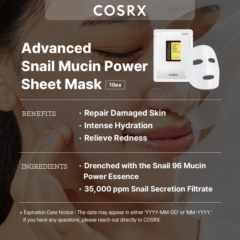 COSRX Snail Mucin Sheet Mask 10 EA with Snail Mucin Serum, Self Care, Face Masks for Dry, Sensitive Skin, Not Tested on Animals, No Parabens, No Sulfates, Korean Skin Care-1