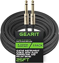 GearIT Guitar Instrument Cable (25ft) 1/4 Inch to 1/4 inch TS Straight Male to Male 6.35mm Mono Jack with Alloy Connector and Nylon Braid