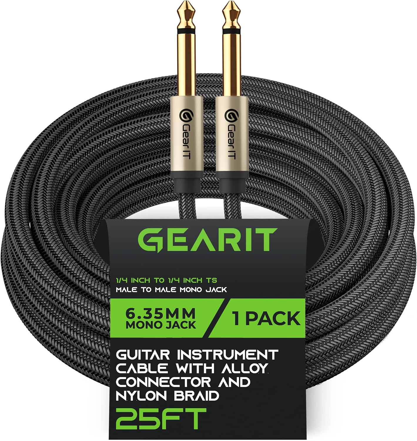 GearIT Guitar Instrument Cable (25ft) 1/4 Inch to 1/4 inch TS Straight Male to Male 6.35mm Mono Jack with Alloy Connector and Nylon Braid-0